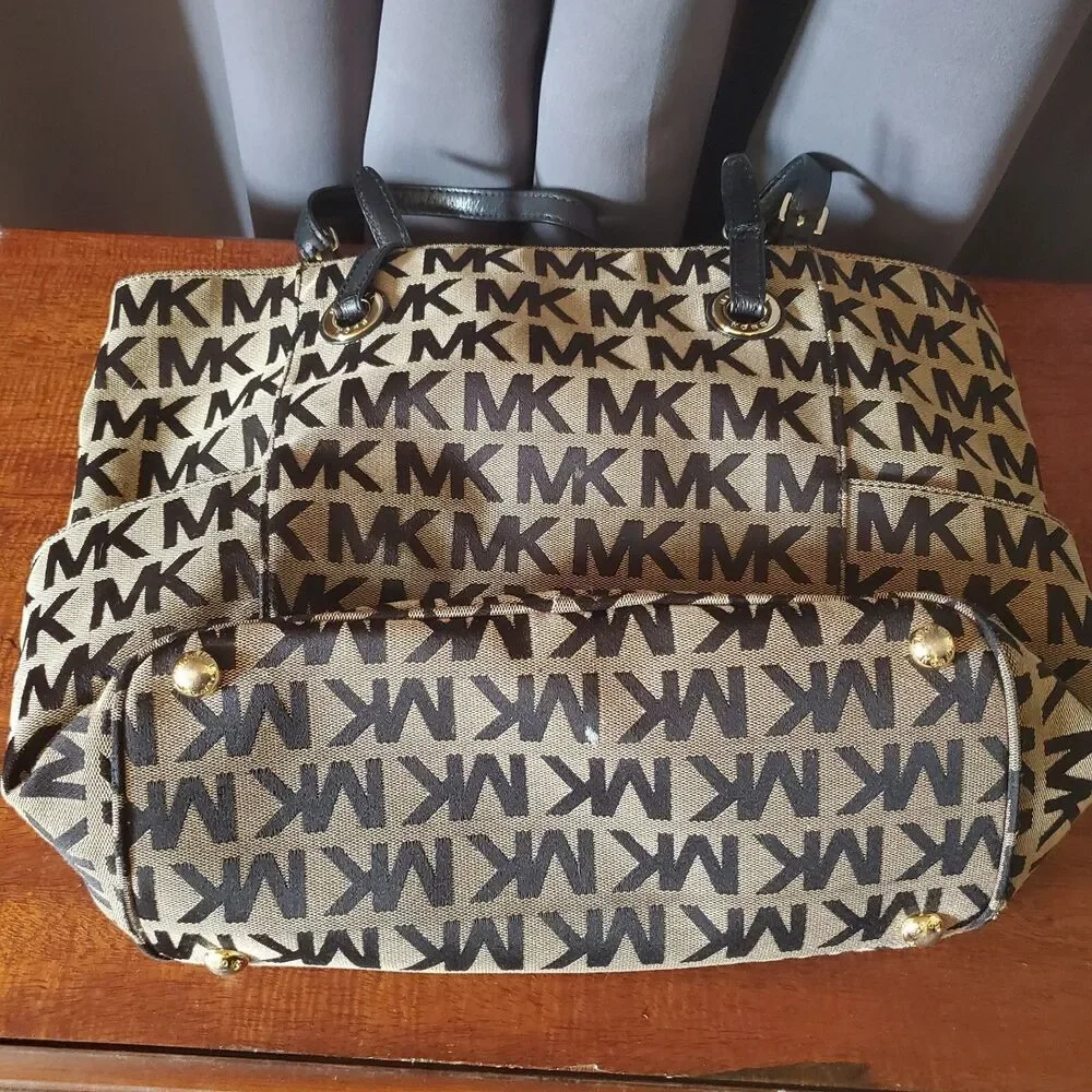 Michael Kors Jet Set Designer Shoulder Bag Travel Tote Purse, Tan & Black